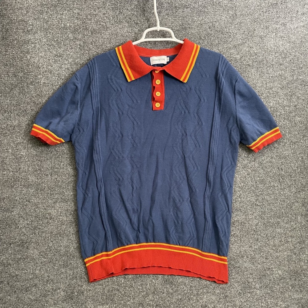 OXKNITSTORE Vintage Style Knit Polo Mens Sz 2XL Blue Contrast Collar Hipster Mod